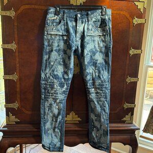Heritage America Men's Moto Style Blue Jeans Bleach Spots With Paint Splatter